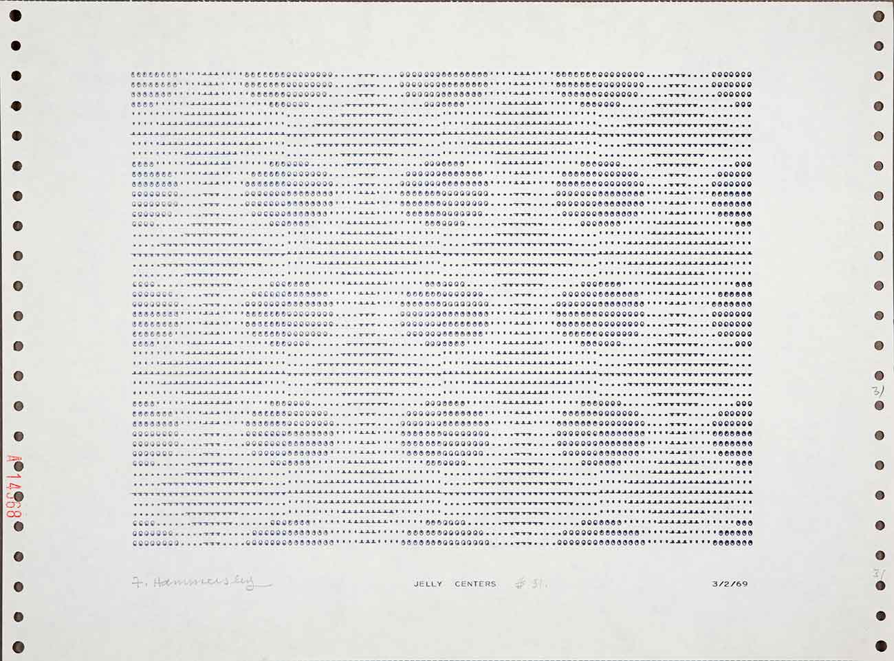 Frederick Hammersley (1919–2009), JELLY CENTERS, #31, 1969, from one incomplete set of the series of 72, computer-generated drawing on paper, 11 x 15 in. The Huntington Library, Art Collections, and Botanical Gardens, gift of the Frederick Hammersley Foundation. © Frederick Hammersley Foundation