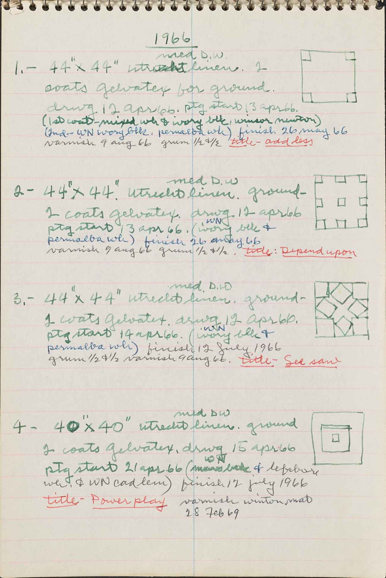 Frederick Hammersley (1919–2009), Study for See saw, #3, 1966, Painting Book #2, spiral-bound stenographer’s notebook with pen, 9 1⁄4 × 6 in. Getty Research Institute, Los Angeles, gift of the Frederick Hammersley Foundation. © Frederick Hammersley Foundation