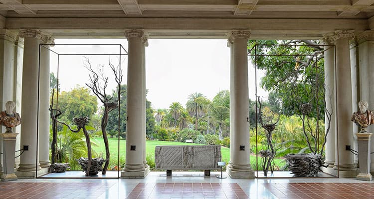 A view of a garden from a closed loggia.