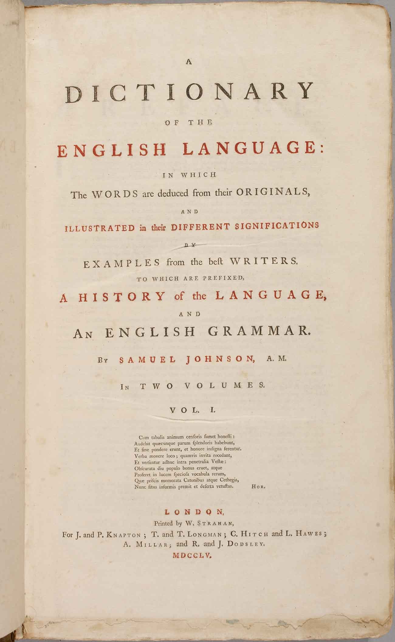A first edition of Johnson’s famous Dictionary of the English Language, published in 1755 in two volumes.  Courtesy of Loren Rothschild.
