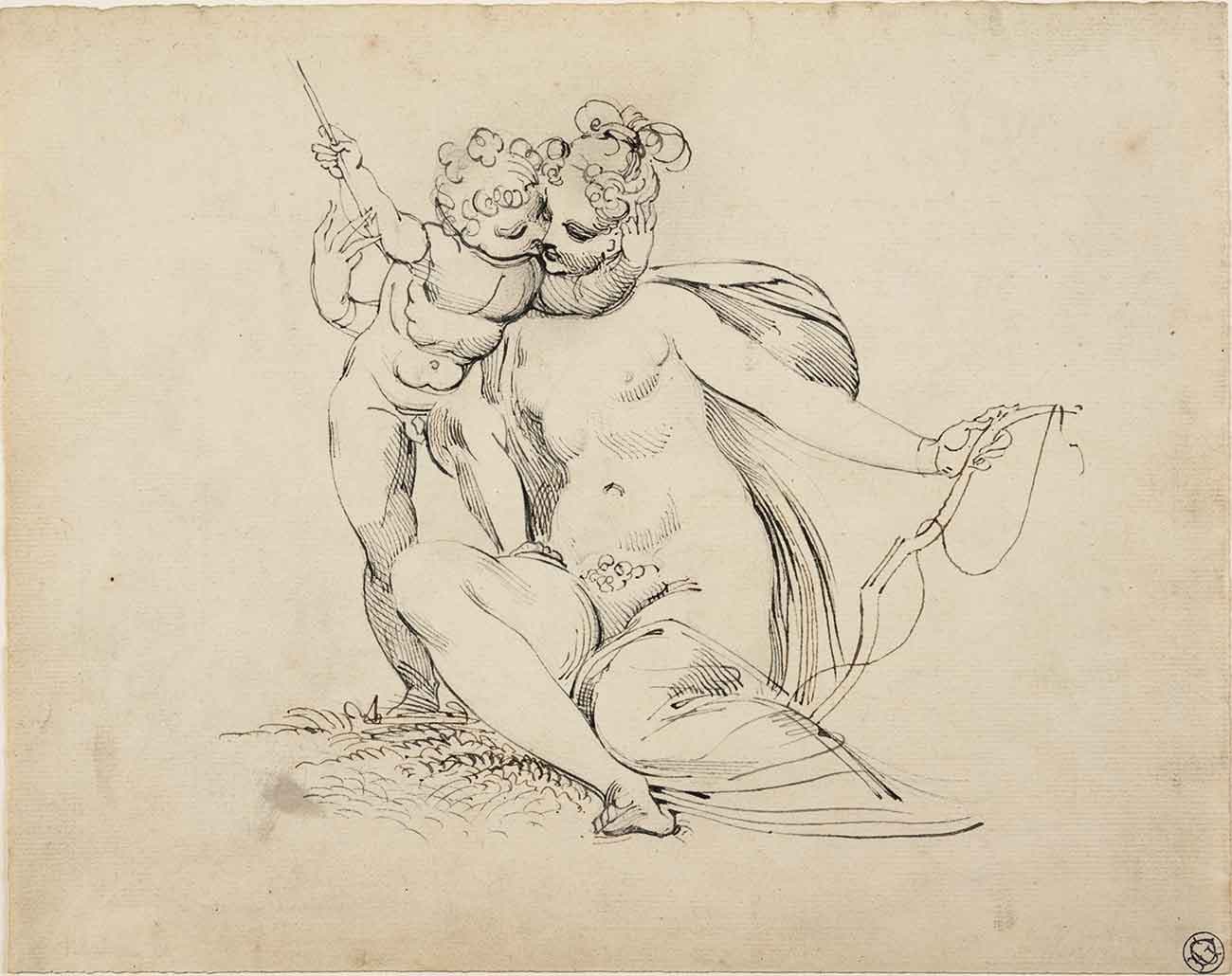 Henry Fuseli (British, 1747-1825), Venus and Cupid, c. 1800, pen and ink over pencil. Gilbert Davis Collection.