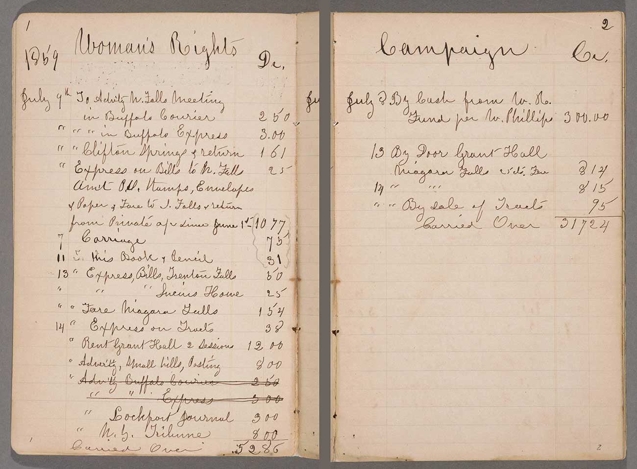 Two pages from Susan B. Anthony account book detailing expenses during the 1859 New York State woman’s rights campaign, April 17, 1858–July 27, 1860. In the spring of 1859, Anthony was engaged in preparation for the 9th Woman’s Rights Convention in New York City. The convention opened on May 12, 1859, at the Mozart Hall. The Huntington Library, Art Museum, and Botanical Gardens.