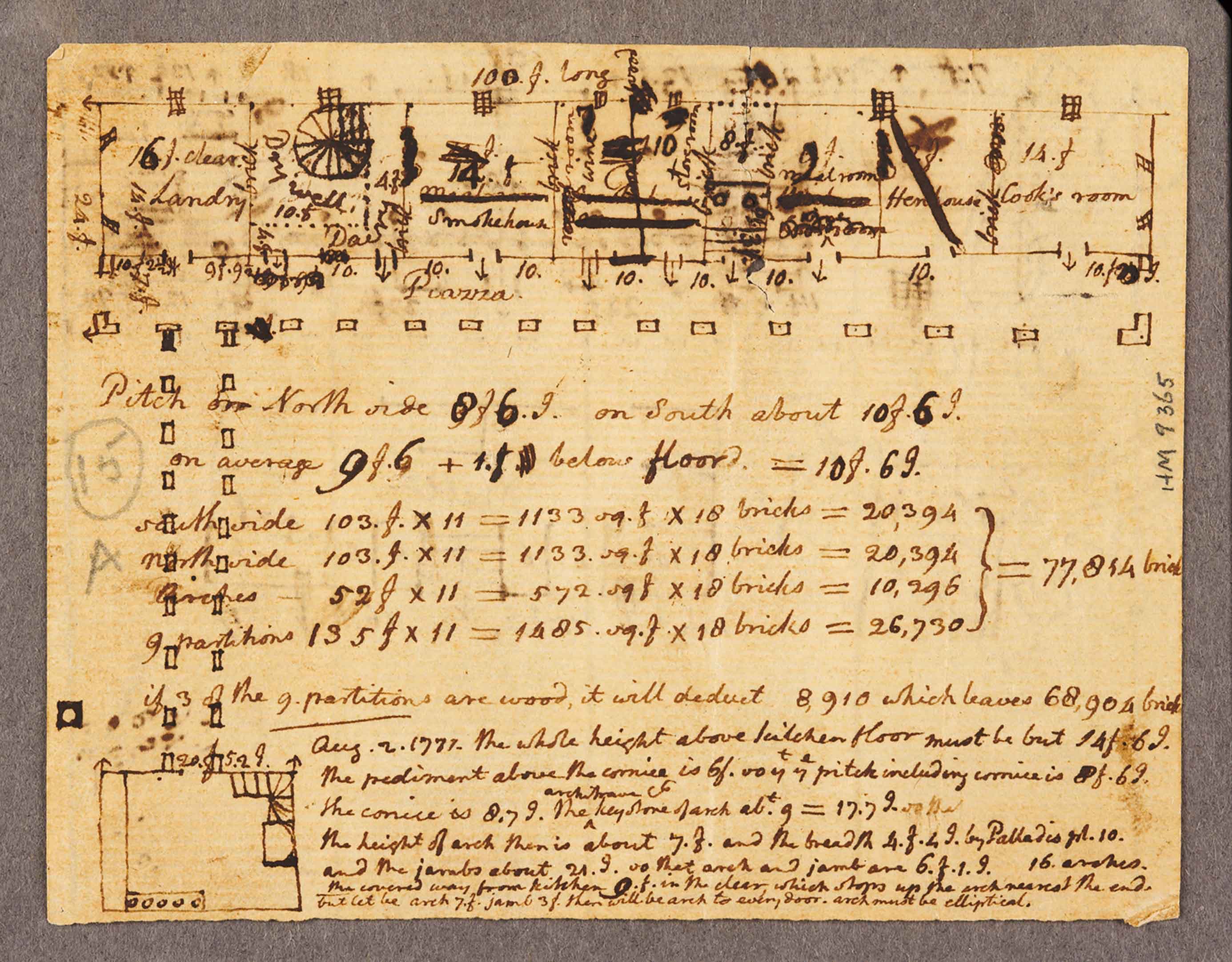 Thomas Jefferson, Estimate of bricks required for household offices at Monticello, with floor plans…, Aug. 2, 1771. Thomas Jefferson Collection. HM 9365