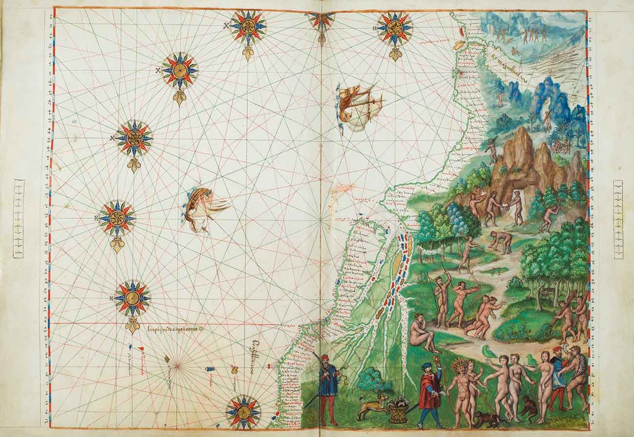 Le vrais Bresil es province du Quito (The true Brazil, a province of Quito), in Vallard Atlas, Dieppe (France), 1547, tempera, gold paint, gold leaf, and black ink on parchment, 14 ½ × 18 ¾ in. The Huntington Library, Art Collections and Botanical Gardens.