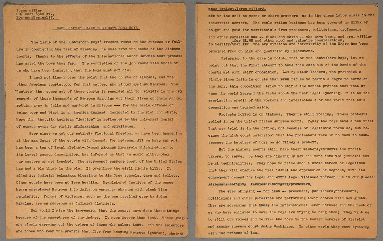 Loren Miller, “Mass Protest Saves the Scottsboro Boys,” March 16, 1933. First two pages of a three-page draft article written by Miller for the Daily Worker in response to William Patterson’s letter of February 14, 1933. The Huntington Library, Art Museum, and Botanical Gardens.