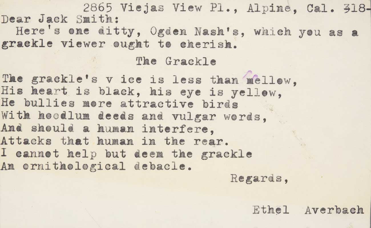 Ethel Averbach postcard to Jack Smith