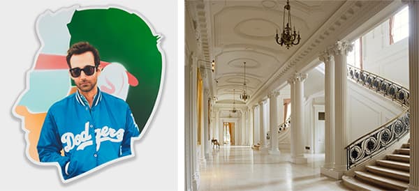 Left to right: Alex Israel, Self Portrait (Dodgers), 2014‒2015, acrylic and bondo on fiberglass, 96 × 84 × 4 in. Collection of the artist. Photo: Joshua White; Grand hallway of the Huntington Art Gallery. Photo: Tim Street-Porter.