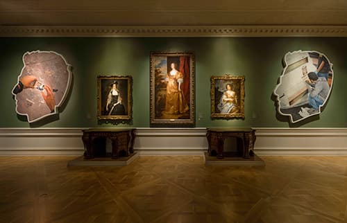 Installation view (L-R): Alex Israel, Self-Portrait (Selfie and Studio Floor), 2014; Thomas Hudson, Lady Frances (Finch) Courtenay, ca.1741; Anthony van Dyck, Anne Kirke, ca.1637; Peter Lely, Lady Essex Finch, ca. 1675; Alex Israel, Self-Portrait (Signature), 2014. Photo by Fredrik Nilsen, courtesy of The Huntington.