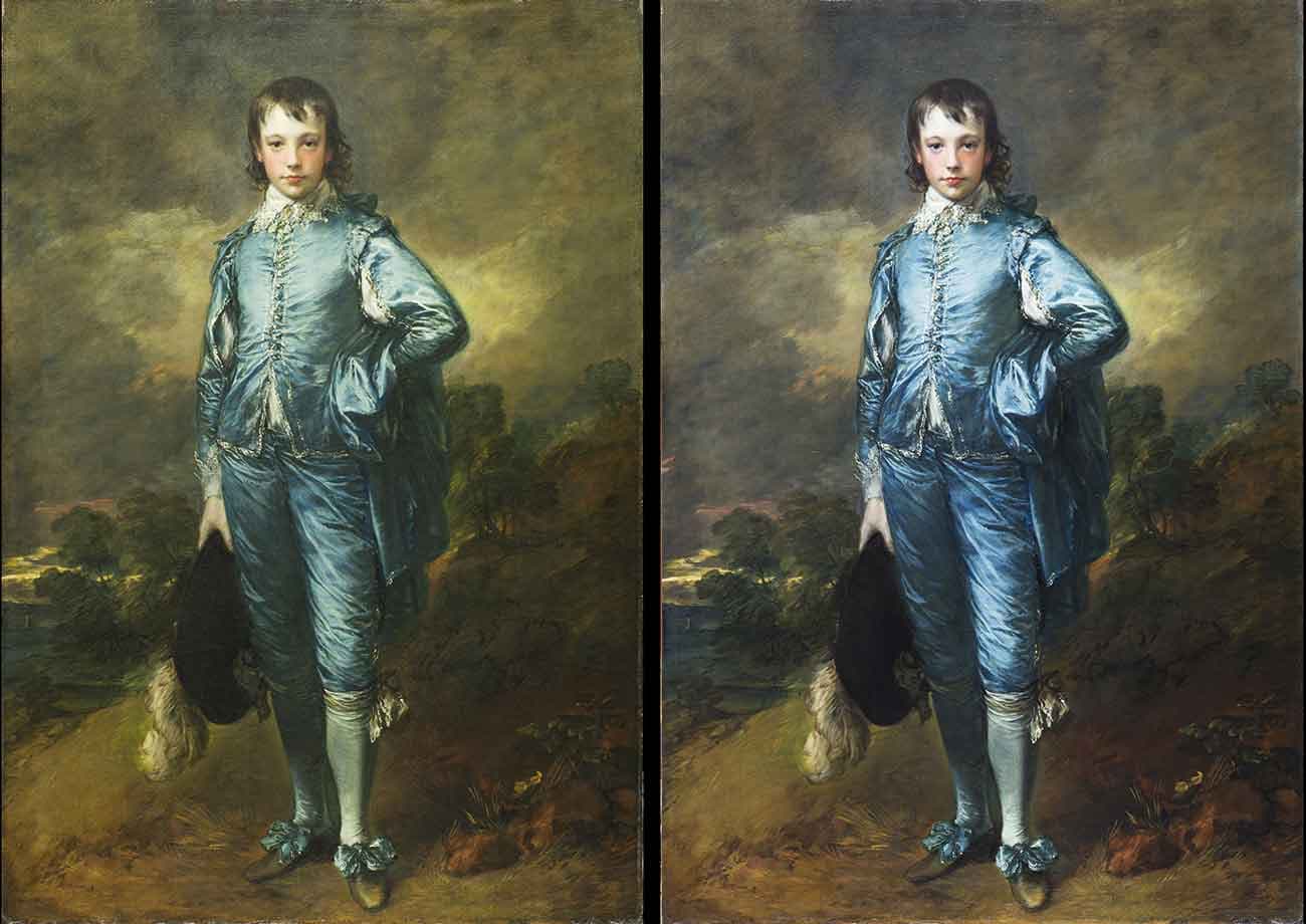 Side-by-side comparison of Thomas Gainsborough’s The Blue Boy. Pre-conservation (left), post-conservation (right). Photo: Christina Milton O’Connell. The Huntington Library, Art Museum, and Botanical Gardens.