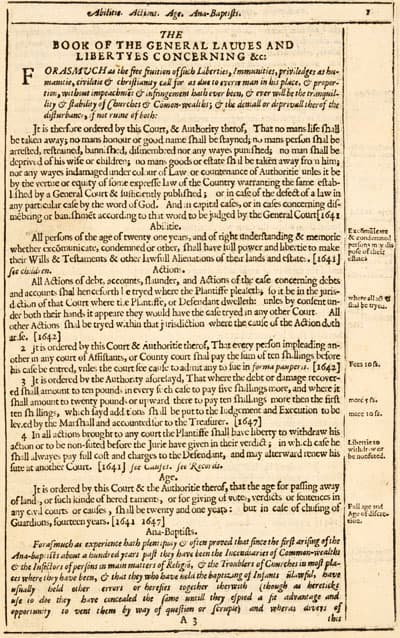 The Book of the General Lawes and Liberties Concerning the Inhabitants of Massachusetts. Cambridge, Mass., 1648.