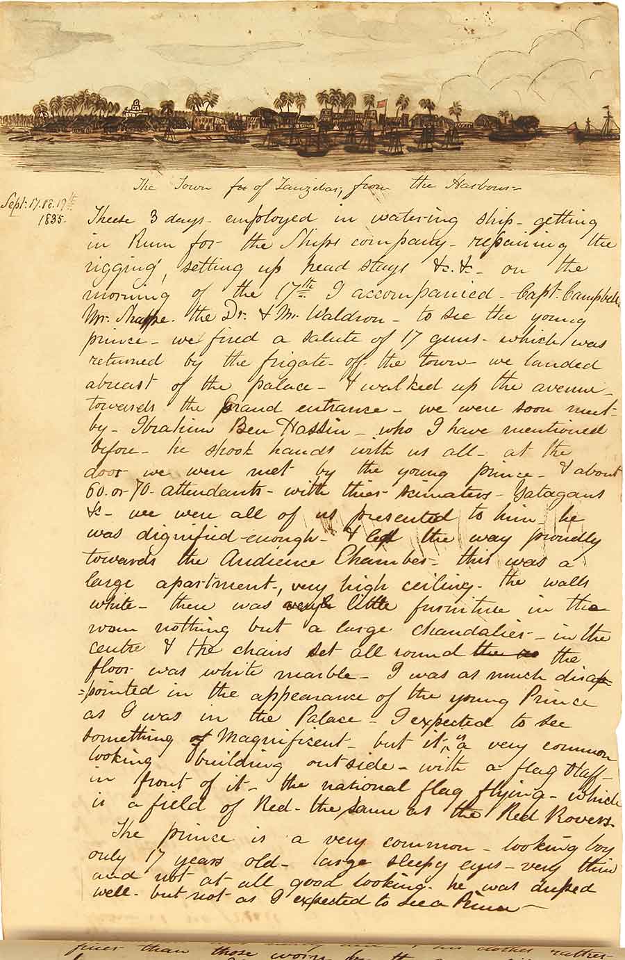 A sketch of the “Town of Zanzibar from the Harbour” in Henry Cadwalader’s journal on the U.S. Schooner Enterprise, 1835–36. Manuscript on 12 ½ x 8-inch paper. The Huntington Library, Art Museum, and Botanical Gardens.