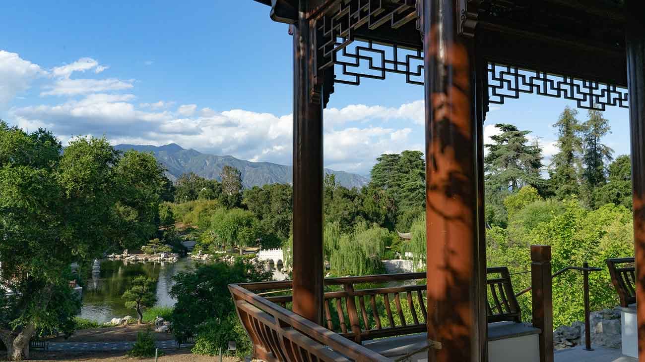 View from the Stargazing Tower, one of the new pavilions in the expanded section of the Chinese Garden. The Stargazing Tower offers sweeping views of the lake and garden below and of the “borrowed landscape” beyond, including the San Gabriel Mountains and Mount Wilson Observatory, which inspired the pavilion’s name. Photo by Aric Allen. The Huntington Library, Art Museum, and Botanical Gardens.