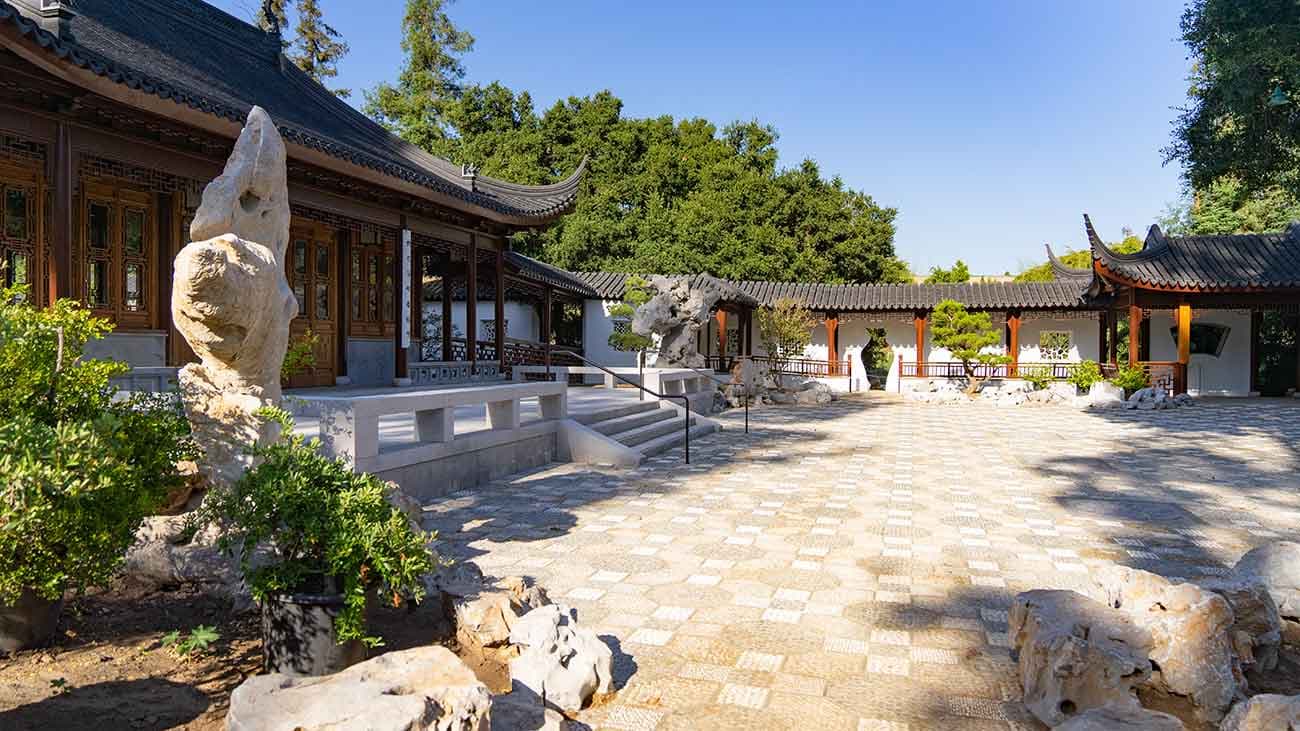 The Courtyard of Assembled Worthies in the expanded northern section of the garden, with the Flowery Brush Library at left. Photo by Aric Allen. The Huntington Library, Art Museum, and Botanical Gardens.