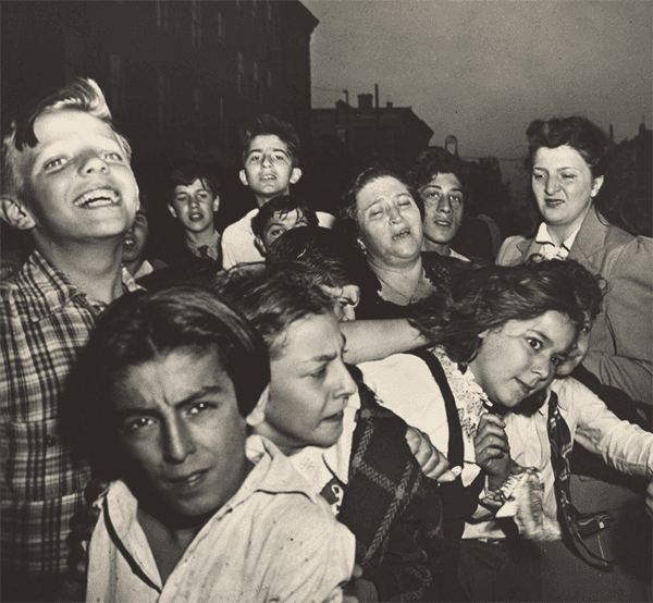Weegee, First Murder, c. 1950, gelatin silver print, 10 1/8 × 11 in. The J. Paul Getty Museum, Los Angeles. © International Center of Photography.