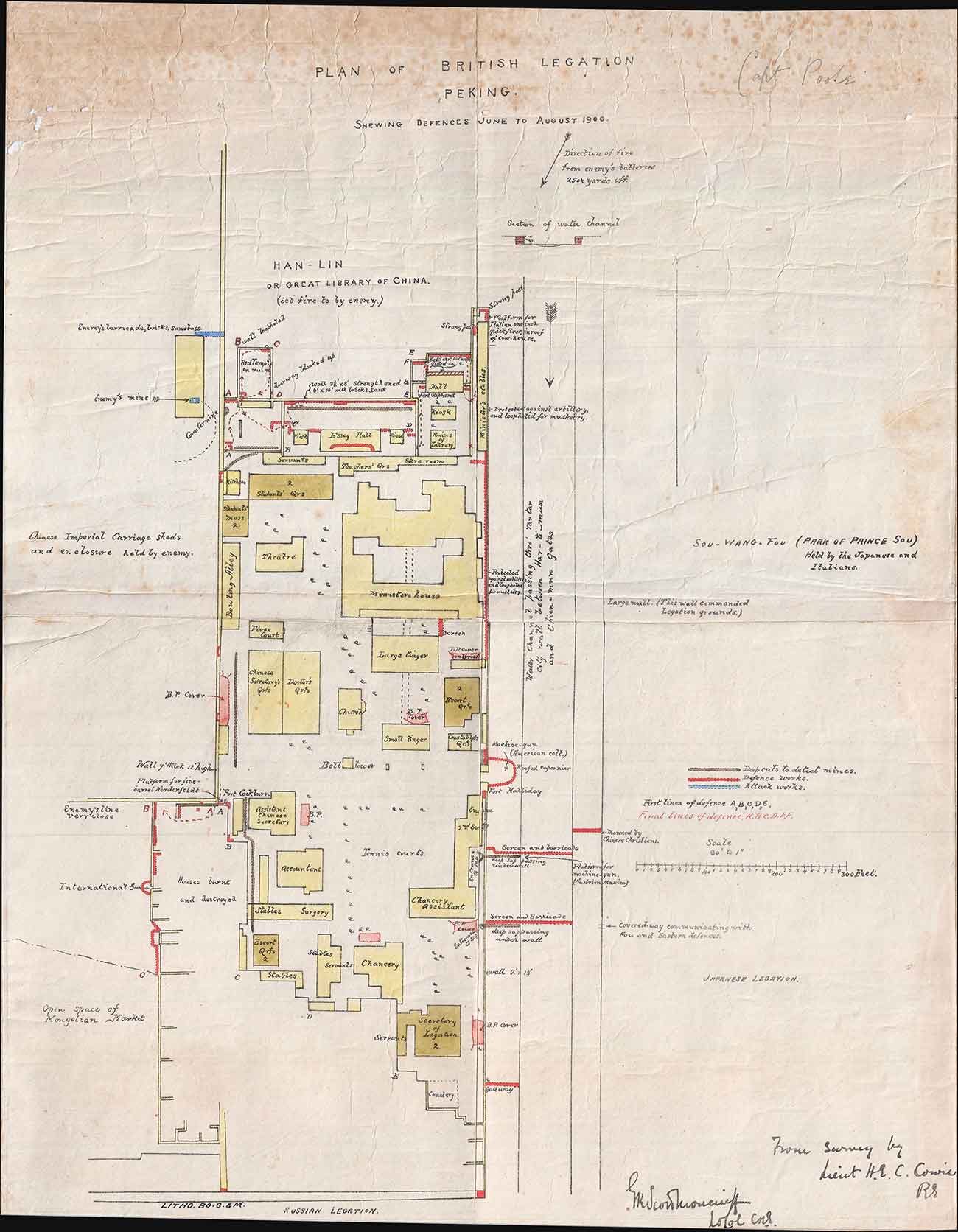 Henry Edward Colvin Cowie, Plan of British Legation Peking Shewing Defences June to August 1900, 21.5 x 17 in. The Huntington Library, Art Collections, and Botanical Gardens.