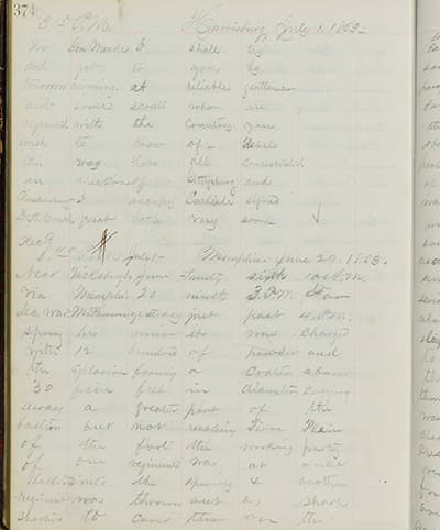 Decoded telegram (top) from General Darius N. Couch, 3:10 p.m., Harrisburg, Pa., July 1, 1863, Thomas T. Eckert Papers. The four words “great battle very soon” were added by the telegraph operator and presage the Battle of Gettysburg. The Huntington Library, Art Collections, and Botanical Gardens.