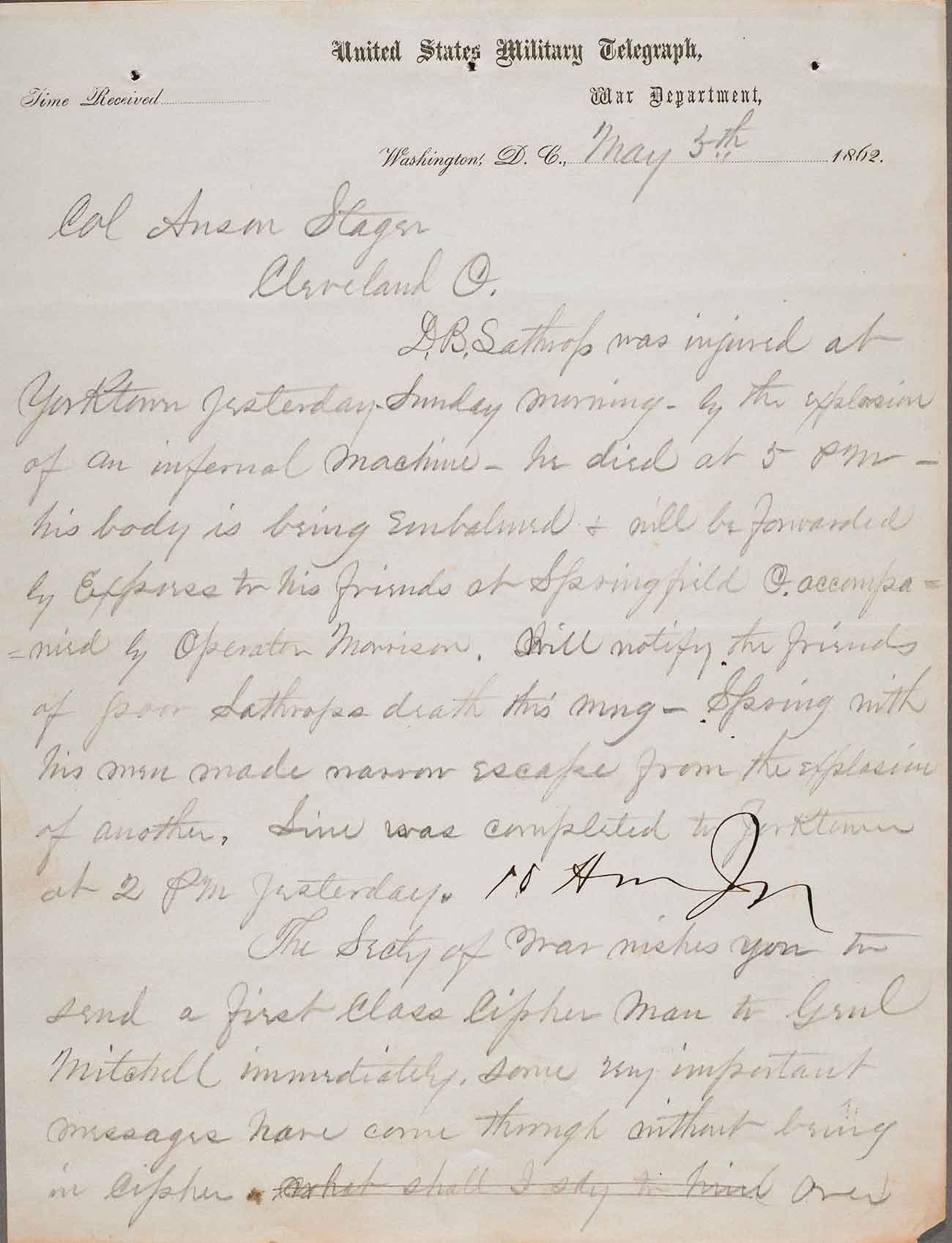 Letter dated May 5, 1862, from Thomas Eckert to Anson Stager, superintendent of the United States Military Telegraph