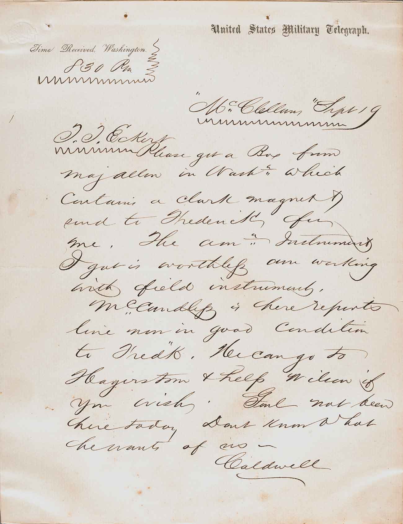 Telegram dated Sept. 19, 1862, from cipher operator A. H. Caldwell to Thomas T. Eckert. 