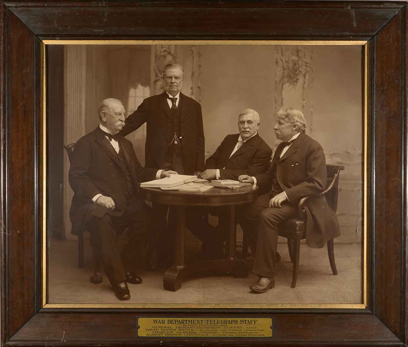 Group photo, ca. 1890, of Thomas T. Eckert and veteran colleagues who had served together on the War Department Telegraph staff during the Civil War.