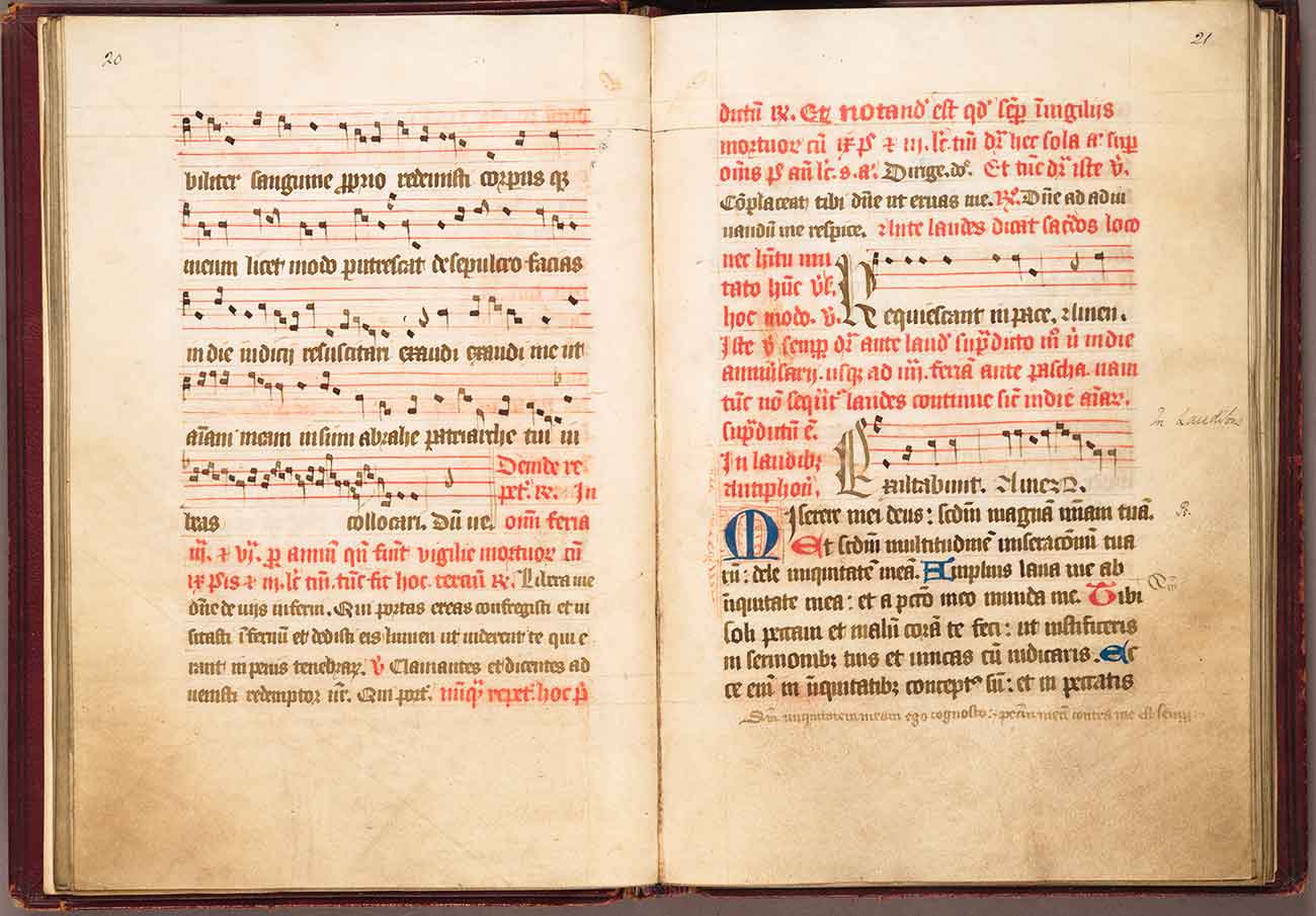 Sarum Manual (England), 120 pages, in Latin, first half of 15th century. The illuminated manuscript includes 63 passages of Gregorian chant in musical notation. Huntington Library, Art Collections, and Botanical Gardens.