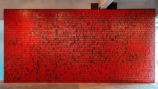 Doyle Lane, Mutual Savings and Loan Mural, 1964, clay, 18 × 18 ft, as installed at Reform Gallery, Los Angeles, 2014. The Huntington Library, Art Collections, and Botanical Gardens. Photo: Joshua White.