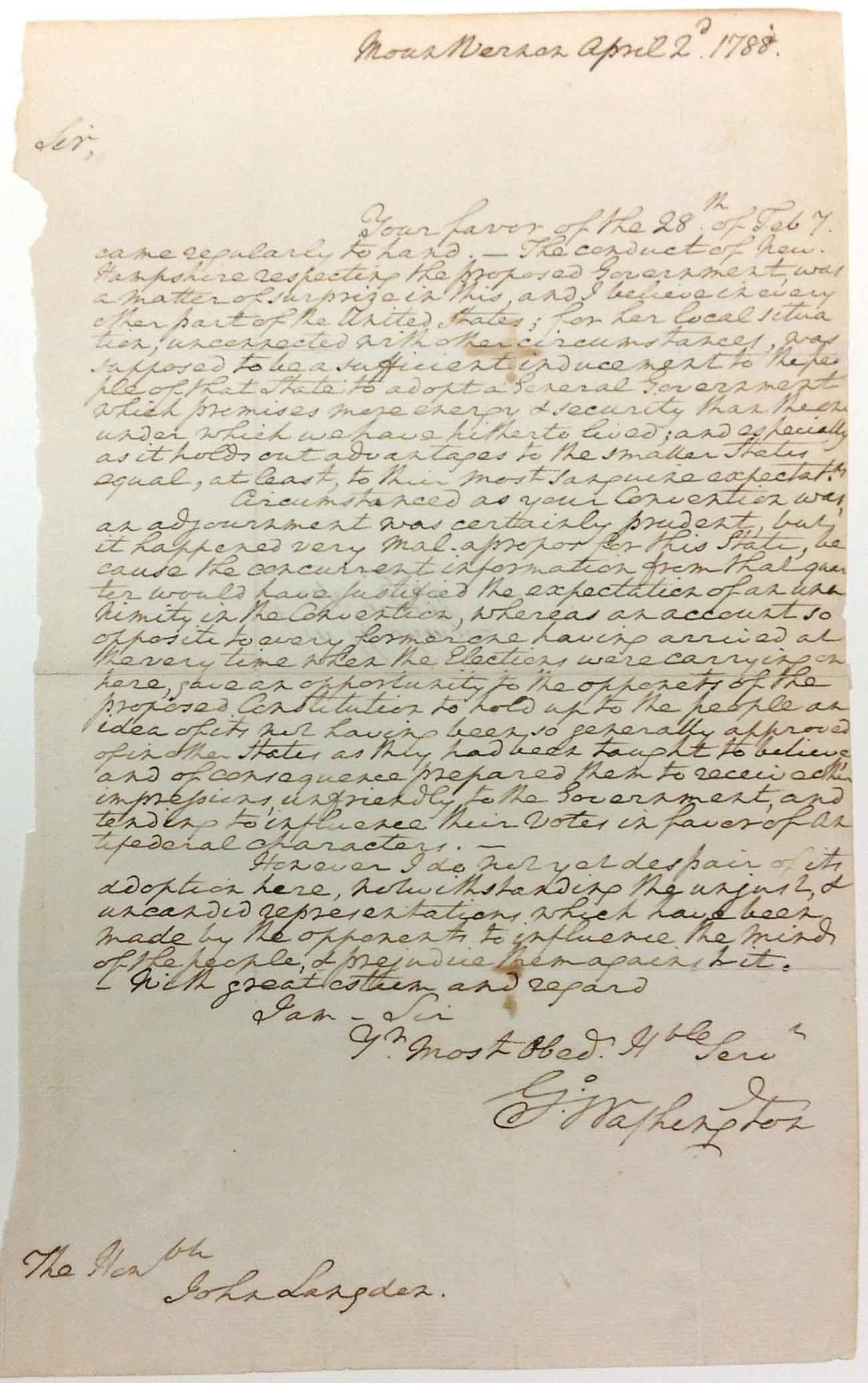 Letter from the Shapiro Collection by George Washington to John Langdon, from April 2, 1788, discussing the ratification of the U.S. Constitution.