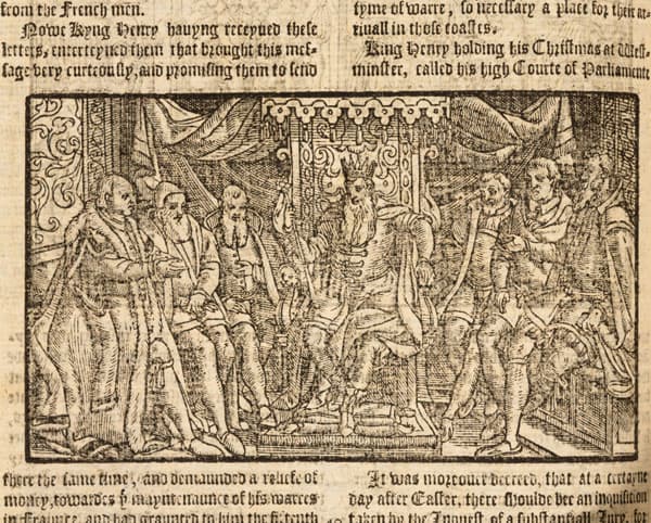 Illustration of King John and the barons at Runnymede from Raphael Holinshed's Chronicles of England, Scotland, and Ireland, 1577.
