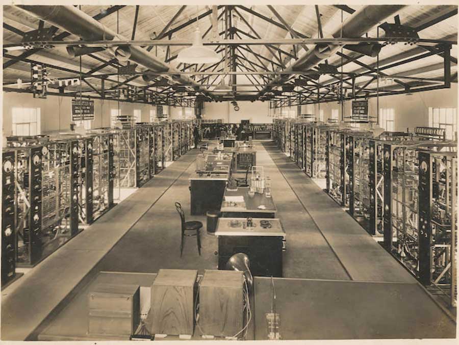 Marconi’s Short-Wave Beam-1 transmitters in the transmitter hall of Dorchester Station, England, 1928. The Huntington Library, Art Museum, and Botanical Gardens.
