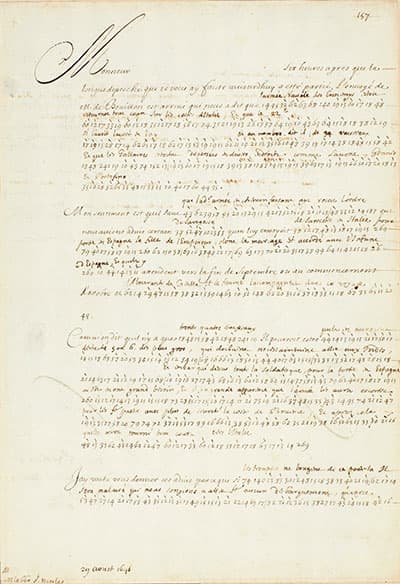 Letter written in cypher during the Thirty Years' War, from Cardinal Mazarin to L’Abbé St. Nicholas, 1646. 