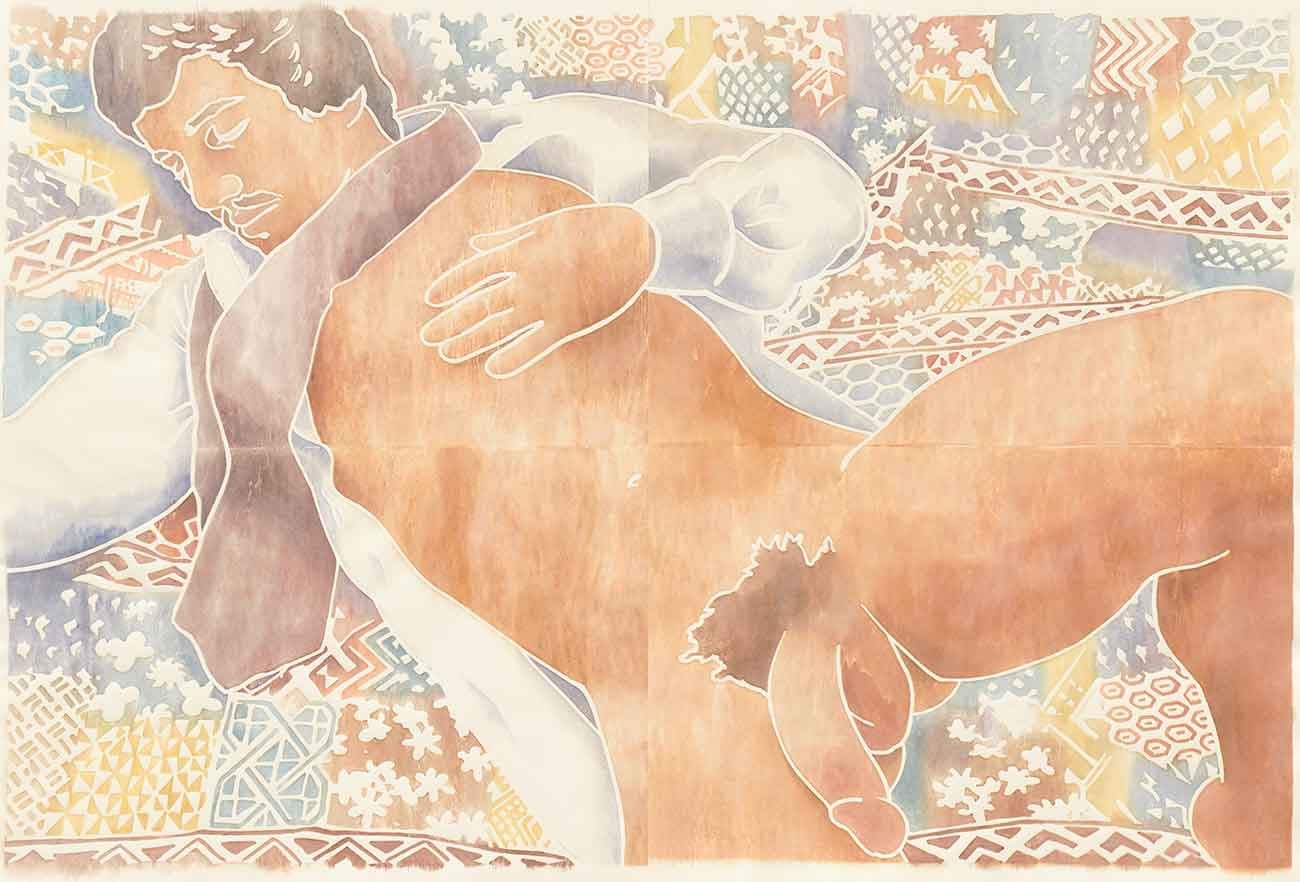 Monica Majoli, Blueboy (Roger), 2019, Watercolor woodcut transfer on paper, 50 × 74 in. (127 × 188 cm) overall (framed). Courtesy of the artist and Galerie Buchholz, Berlin/Cologne/New York