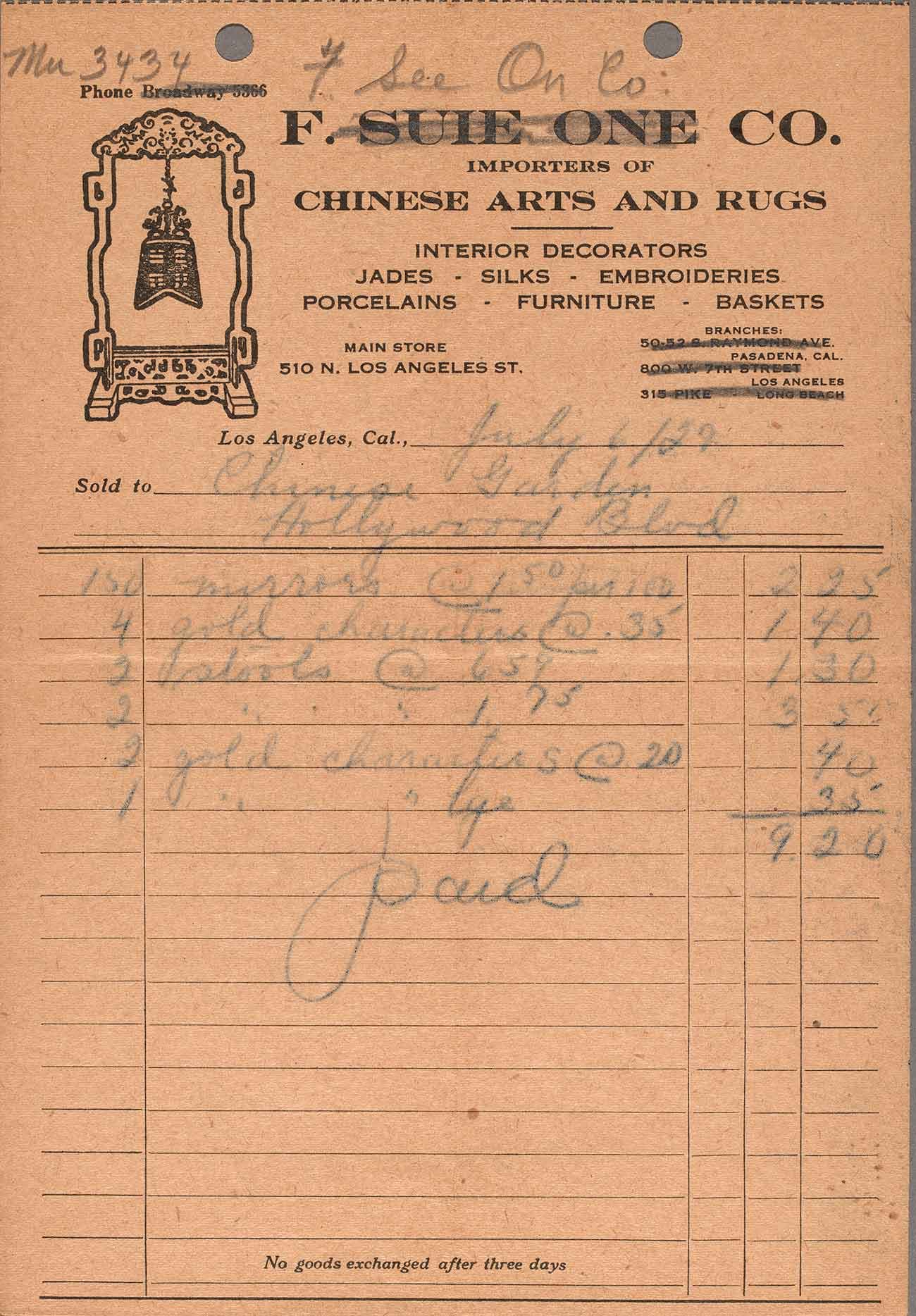F. See On Co. receipt. 1929. (F. See On was formed after the divorce of Fong See and Letticie Pruett.) The Huntington Library, Art Museum, and Botanical Gardens.