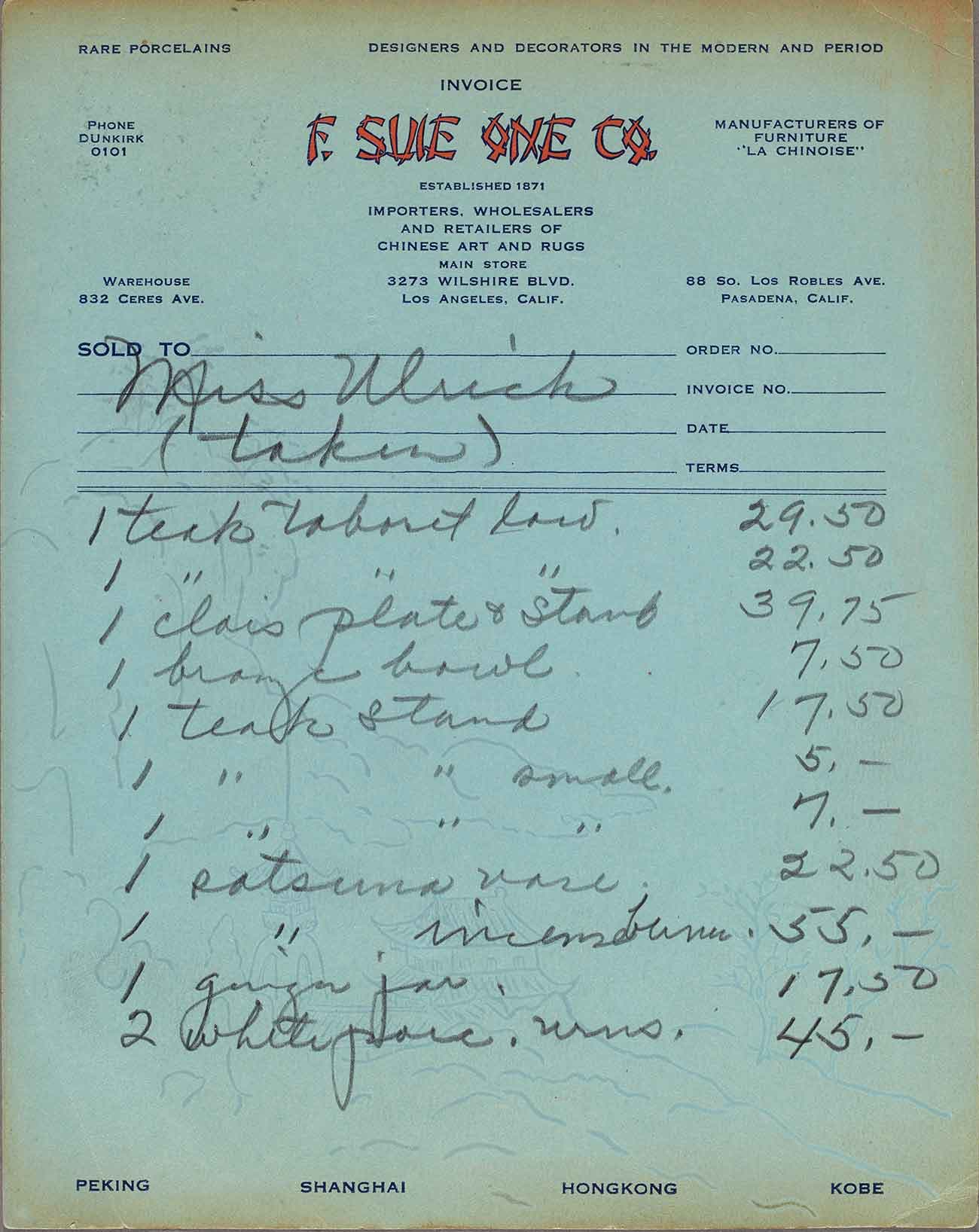 F. Suie One Co. receipt. Undated. The Huntington Library, Art Museum, and Botanical Gardens.