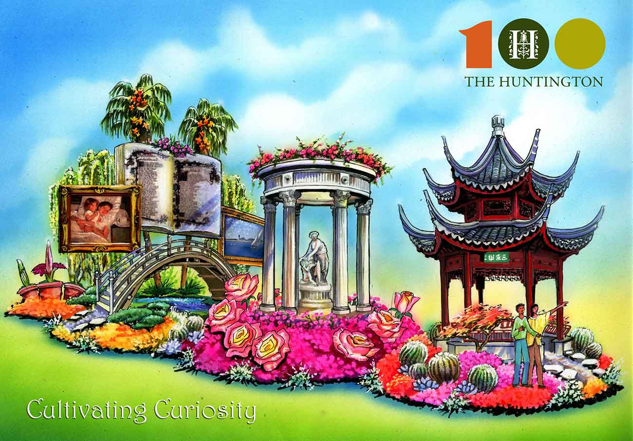 Artist's rendering of The Huntington's 2020 entry in the Rose Parade®, designed by Phoenix Decorating Company. The float celebrates The Huntington's 100th anniversary and is part of a yearlong Centennial Celebration running from Sept. 2019 through Sept. 2020.
