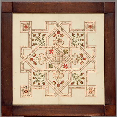 Fraktur labyrinth. Pennsylvania-German folk art, inscribed 1824. Maker unknown; drawn and hand-colored on paper. 15½" x 15½" framed.