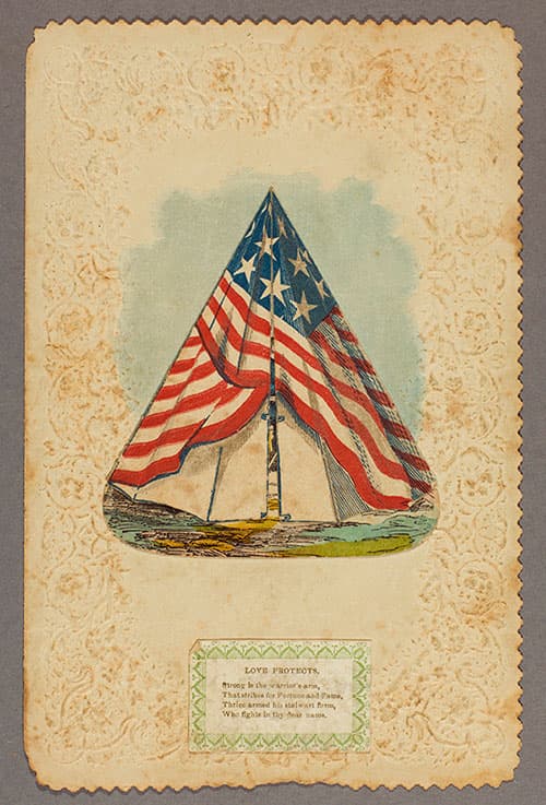 Civil War Valentine card. American, inscribed February 14, 1863. Maker unknown; die-cut and embossed paper with applied elements. 7" x 4½".