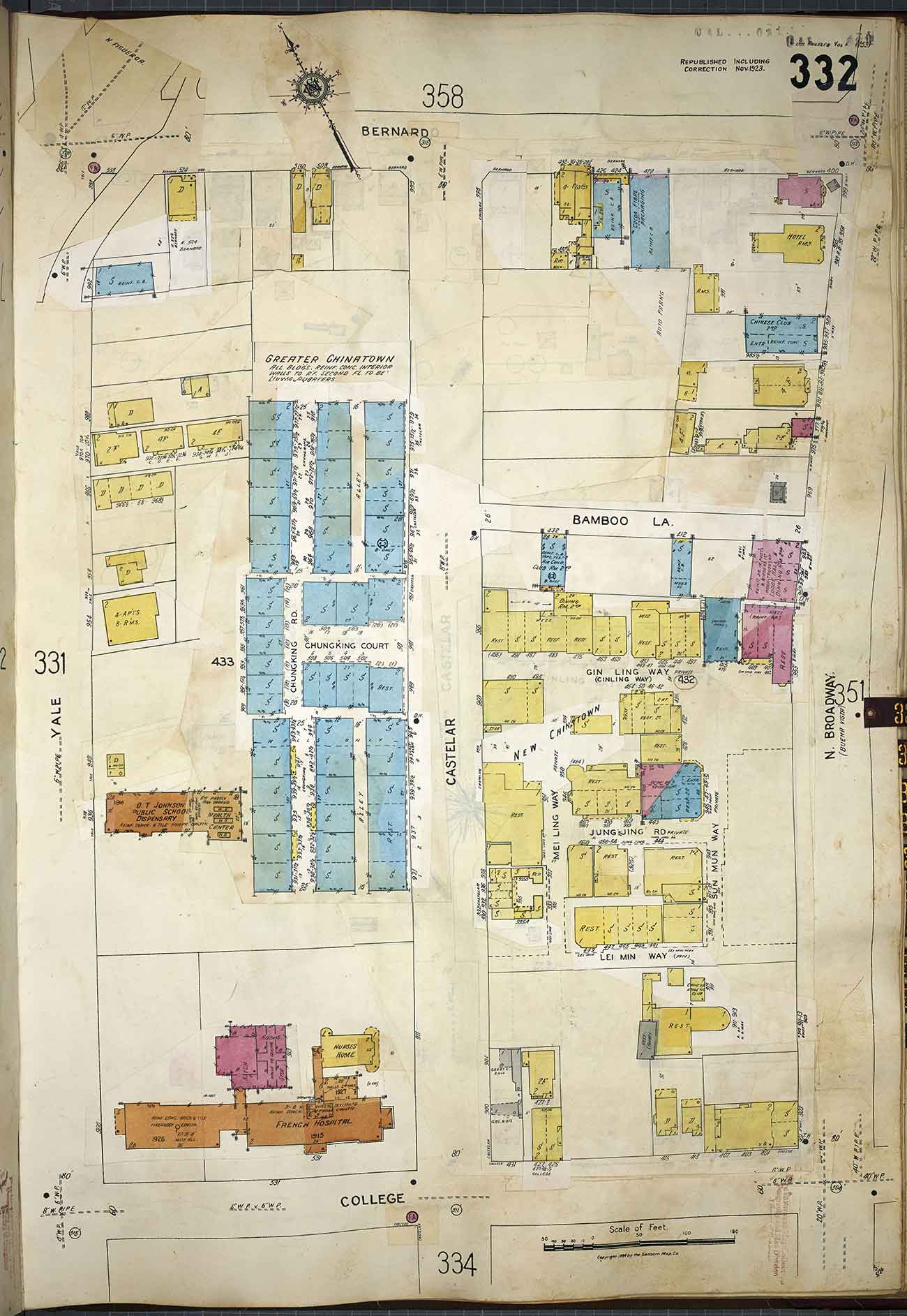 Sanborn Fire Insurance Atlas showing New Chinatown, 1950. Los Angeles Public Library Map Collection.