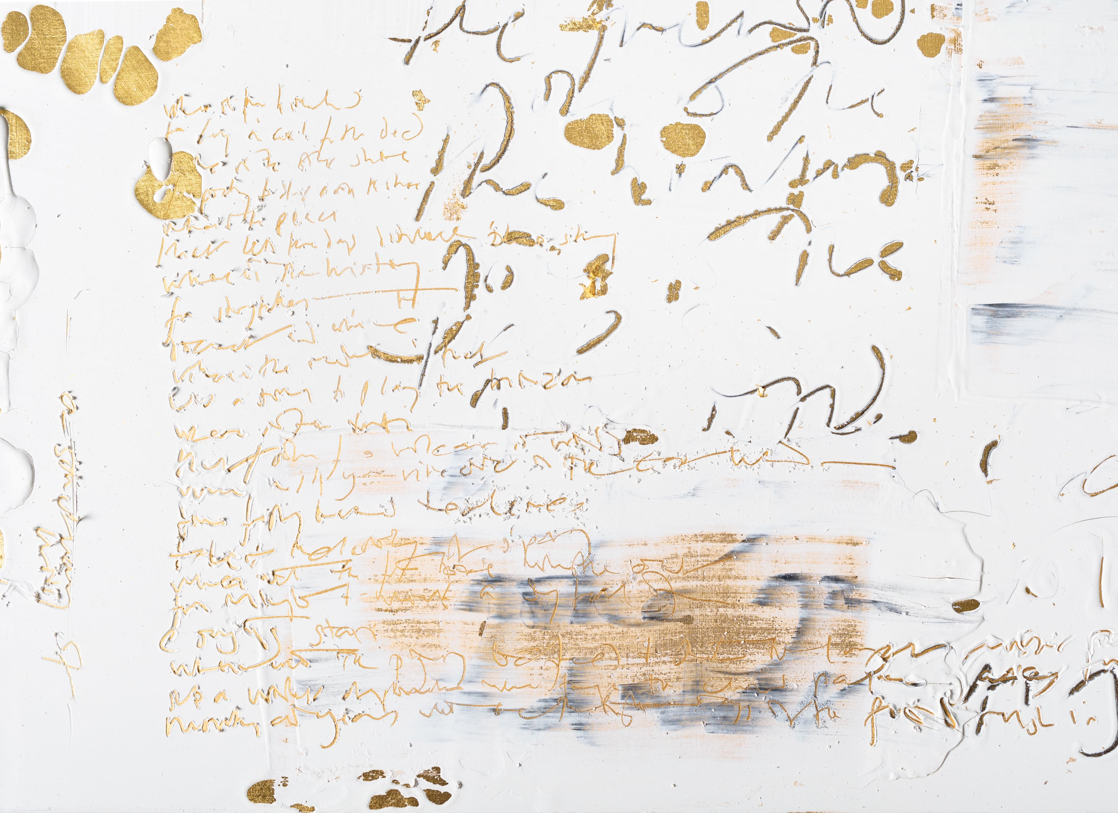 Abstract artwork featuring gold leaf accents, layered textures, and illegible handwritten script on a white background. 