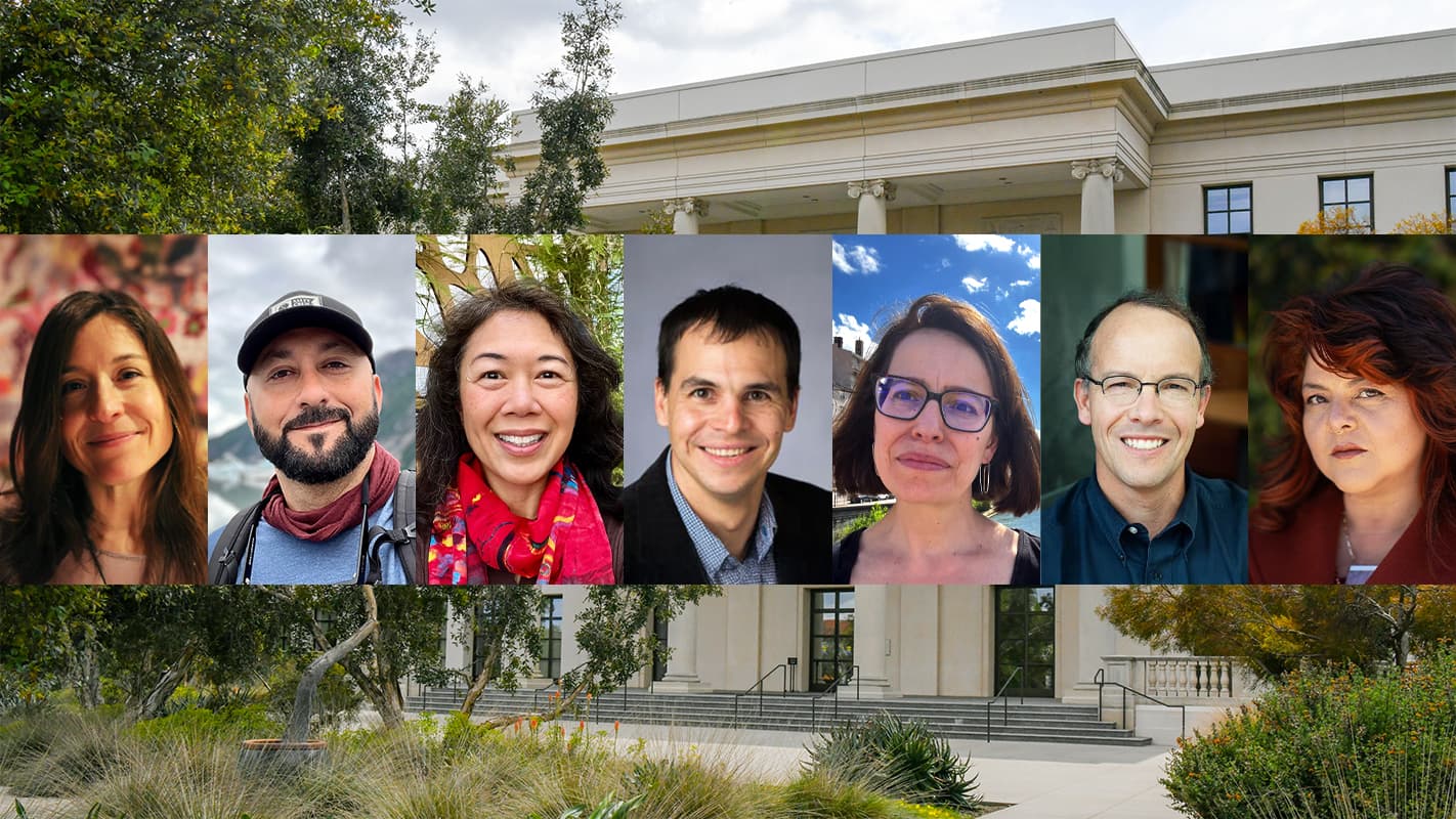  The photos of seven long-term distinguished Fellows for the 2025–26 year are superimposed over a photo of the front of the Munger.