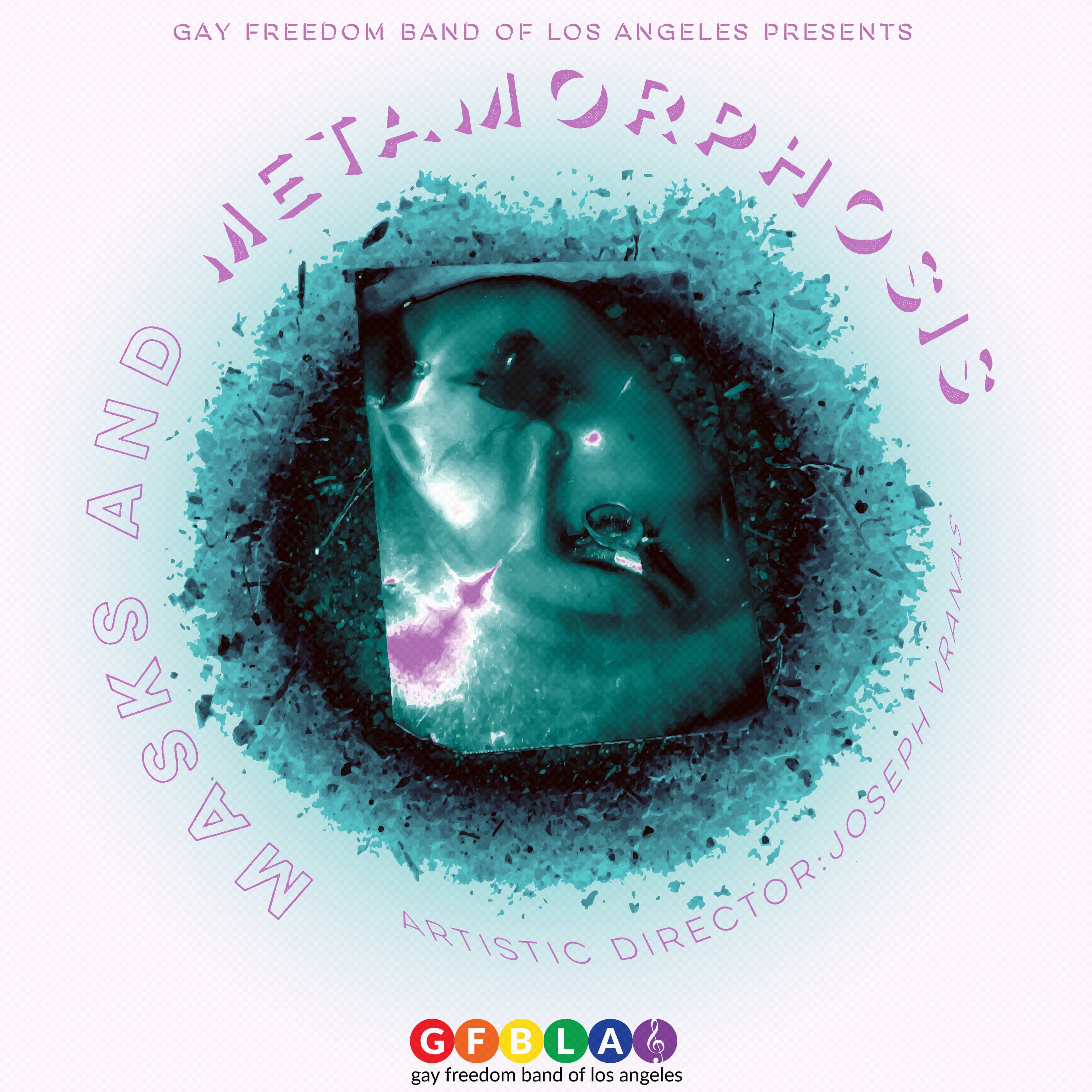 A stylized poster features the title “Masks and Metamorphosis” in curved, purple text around a central image of a surreal, teal-tinted face partially obscured by a reflective or distorted mask. 