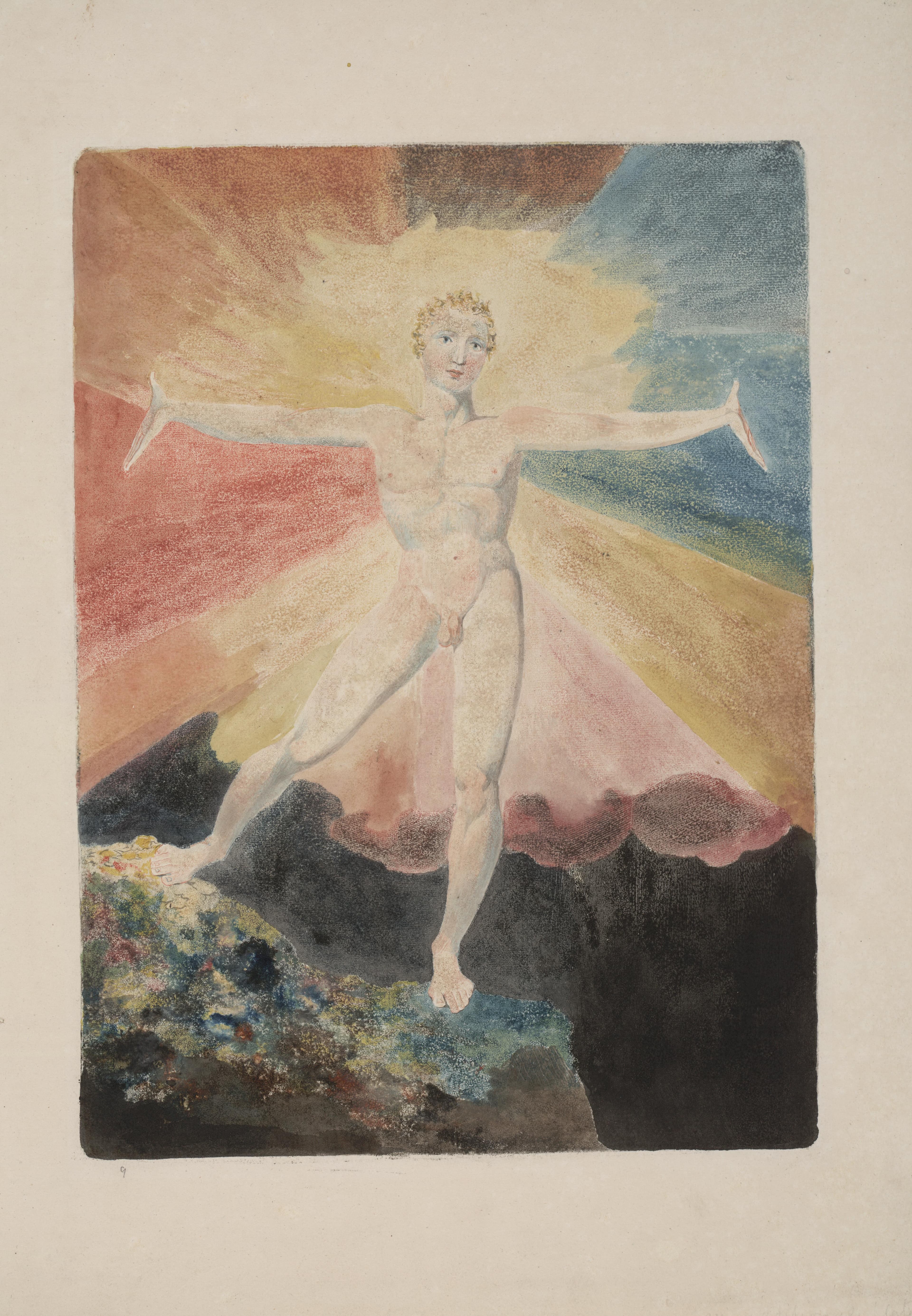 A radiant, androgynous figure with outstretched arms stands on a dark, rocky surface, surrounded by a vivid aura of red, yellow, and blue light.