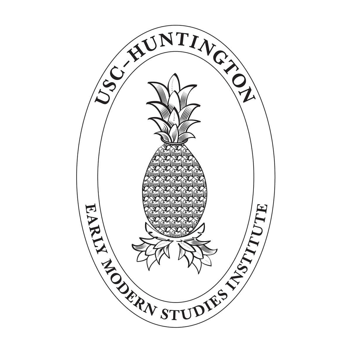 A black logo over white background with a stylized pineapple in the middle of an oval frame. The words "USC-Huntington" above and "Early Modern Studies Institute" below.
