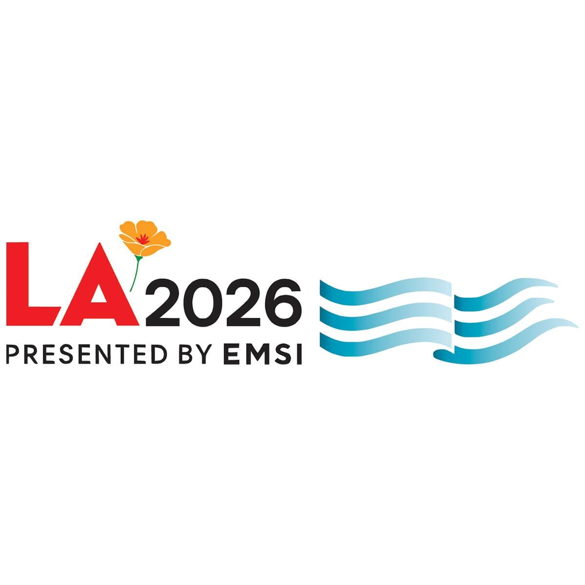 Logo for "LA2026, presented by EMSI" with LA in red, the remaining text in black, a stylized waving blue flag to the right, and a yellow flower between "LA" and "2026."