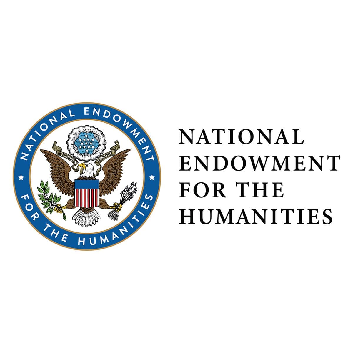 A logo with "National Endowment for the Humanities" in black text on the right and, again, in a federal seal on the left, withe words surrounding an eagle draped in various iconography.
