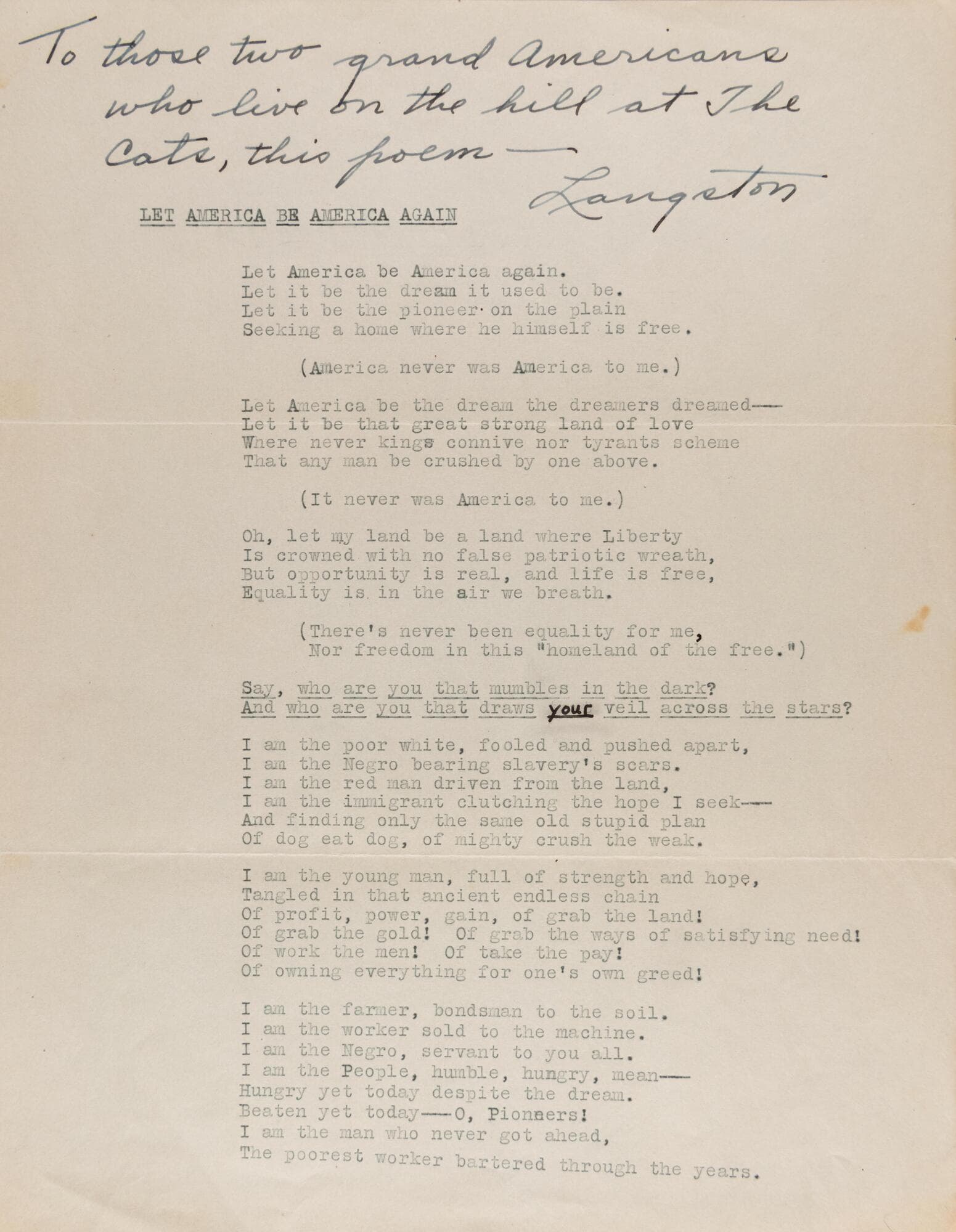 Typed manuscript of "Let America Be America Again" by Langston Hughes