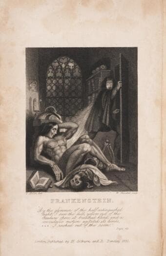 Cover of Frankenstein with a nude man reclining on a floor next to a skull and an open book.