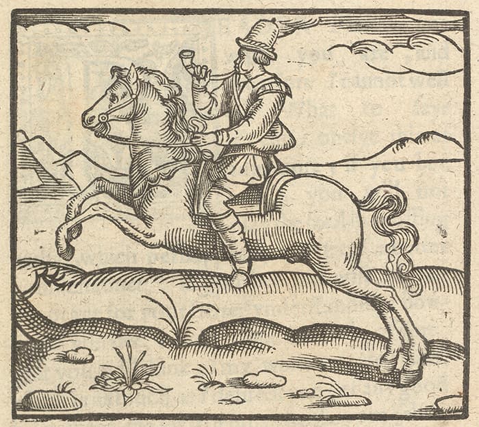 Detail of 17th century frontispiece with royal messenger