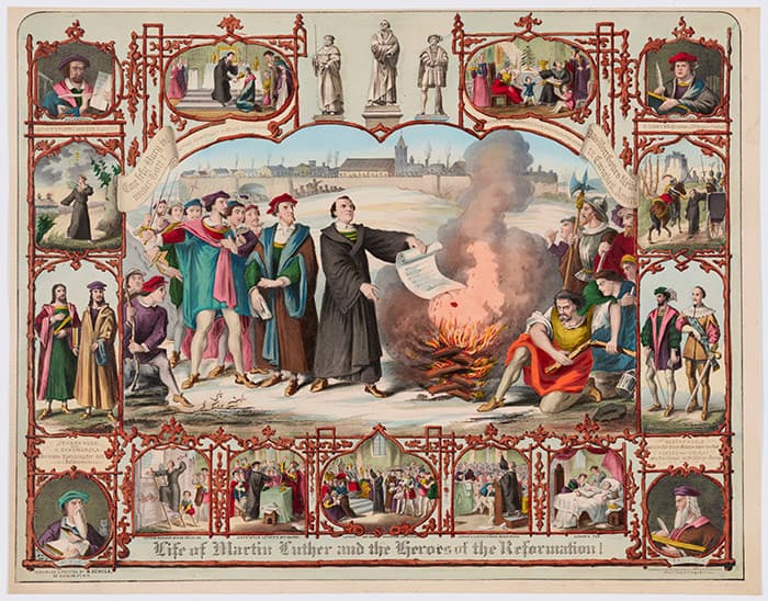 Hand-colored lithograph of the Life of Martin Luther and Heroes of the Reformation from 1874