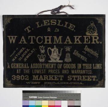 T. Leslie. Watchmaker. Dealer in watches, clocks, jewelry, spectacles, and silverware