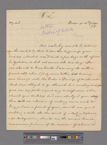 Montagu, Elizabeth (Robinson). Letter to Charles Lyttelton, Bishop of Carlisle