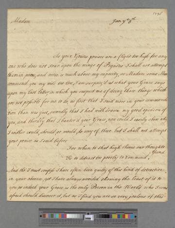 Montagu, Elizabeth (Robinson). Letter to Margaret Cavendish (Harley) Bentinck, Duchess of Portland